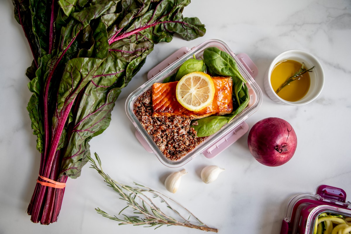 Grilled salmon with roasted vegetables and lemon herbs